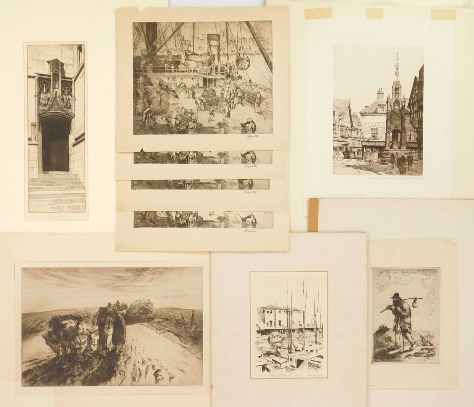 9 American etchings: Samuel Chamberlain- The City Cross- Winchester- etching John Costigan- When Day is Done- etching Eugene Higgins- A Wanderer- etching