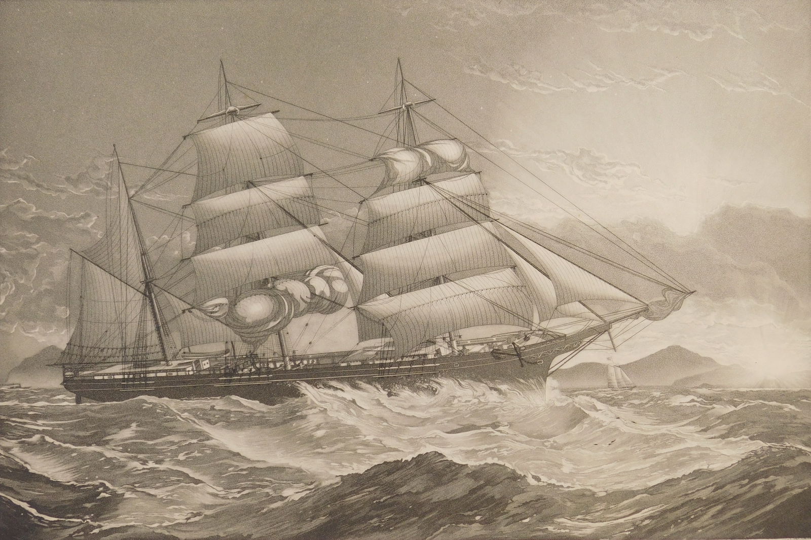 John Taylor Arms (American, 1887-1953) etching: Bark 'Metis' Making Harbor etching and aquatint, 1923, singed and annotated Trial proof No. 2 in pencil, edition of 5. 11 7/8 x 17 3/8" Literature: Fletcher 13