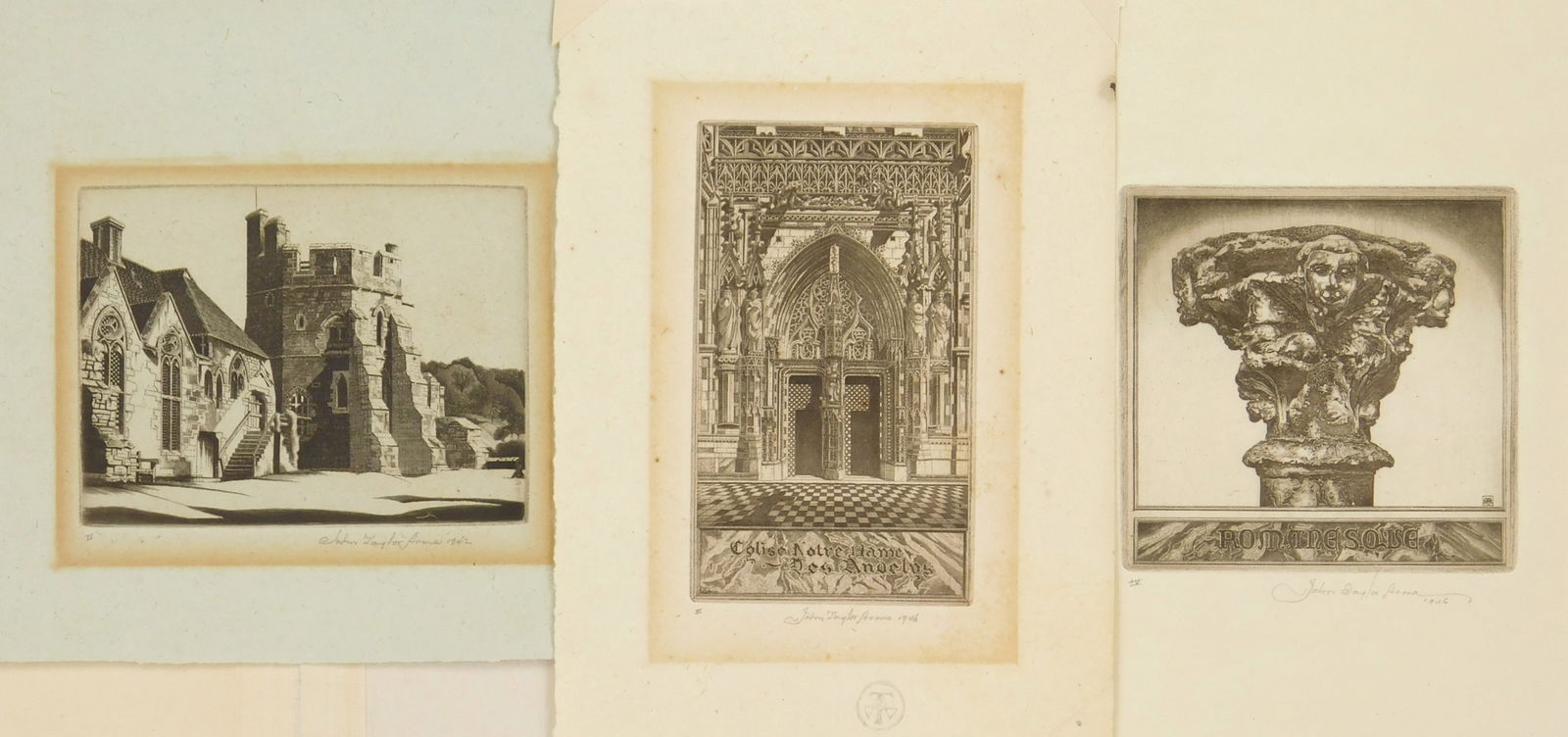 3 John Taylor Arms (American, 1887-1953) etchings: Precious Stones; Stokes Castle & Portrait of a Romanesque Capital 3 etchings, all signed in pencil, various sizes Provenance: Private collection- Portland, OR