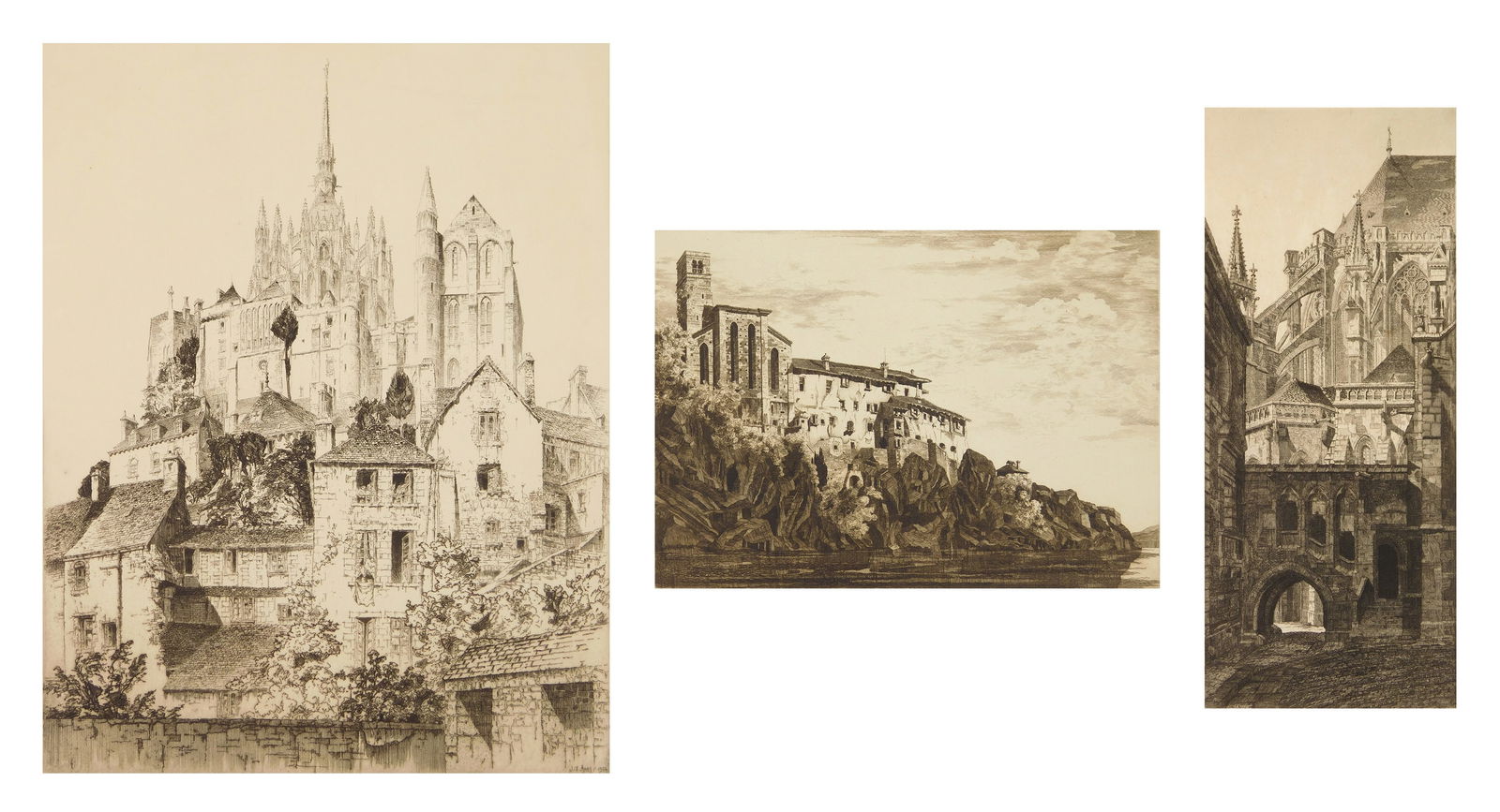 3 John Taylor Arms (American, 1887-1953) etchings: Mount St. Michel; Abside de la Cathedrale de St. Pierre et St. Paul, Troyes& & The Church of Saint Francis, Clyedale 3 etchings, 1926, 1930 and 1931, all signed and dated in pe