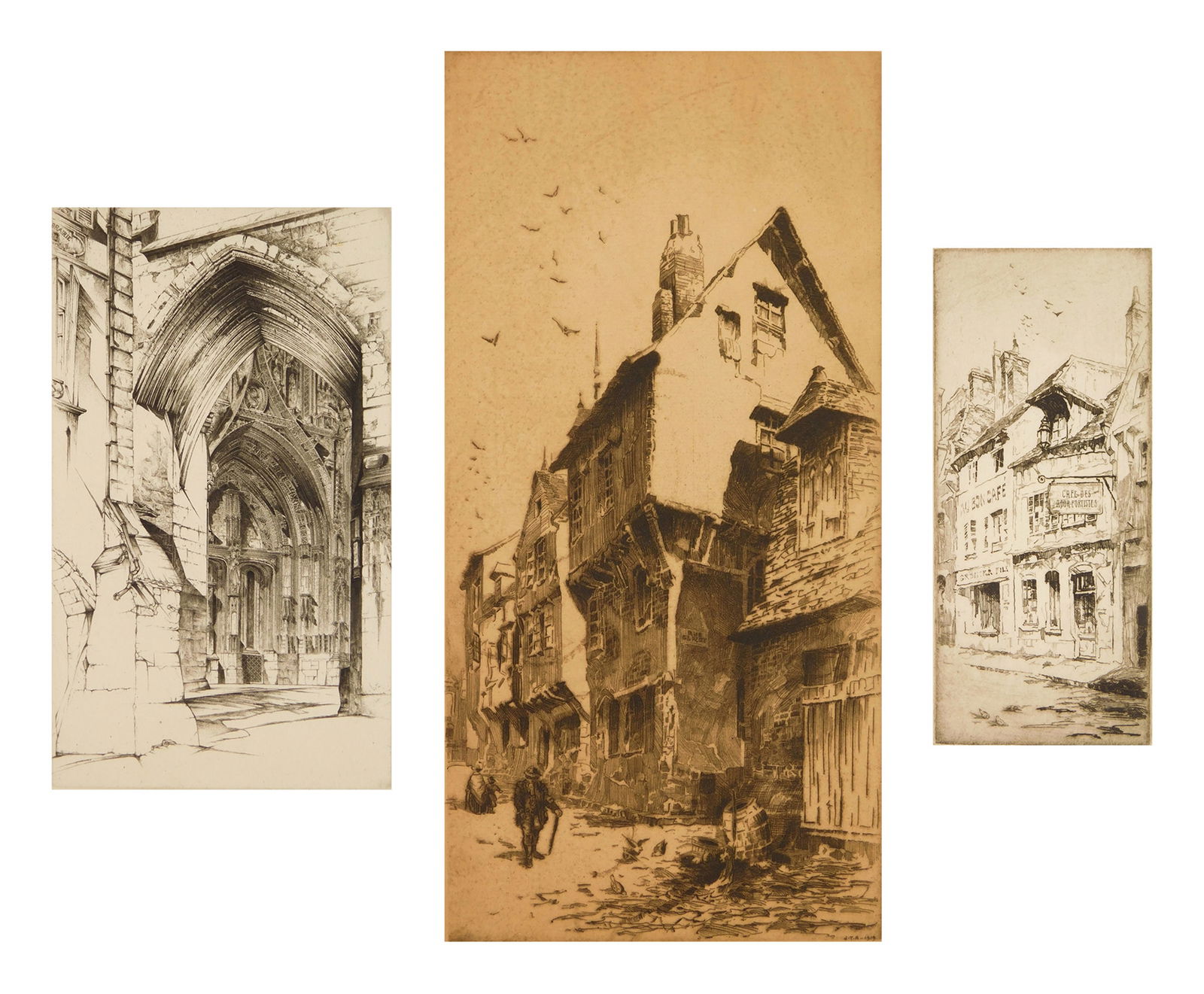 3 John Taylor Arms (American, 1887-1953) etchings: The Sign, Au Bon Cafe; Somewhere in France & French Lace & 3 etchings, 1919 (2); 1949, all signed in pencil., various sizes Literature: Fletcher 17, 32 & 415 Provenance: Private collection- Portla