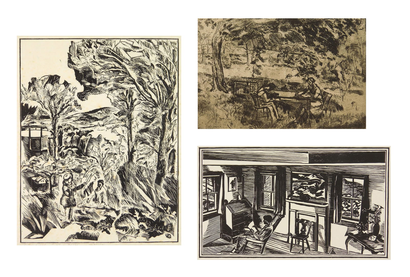 3 Fiske Boyd (American 1895-1975) prints:  Interior; Milburn Hill & Backyard 2 woodcuts and 1 etching, 2 singed in pencil, various sizes Provenance: Private collection- Detroit, MA