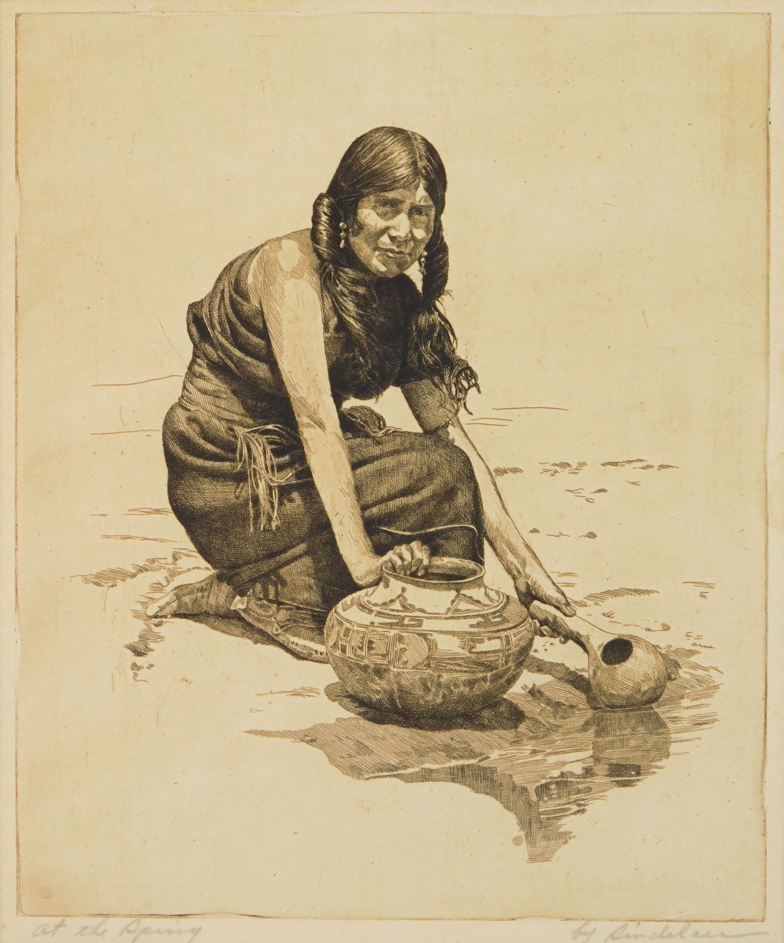 Charles James Sindelar (American, 1855-1947) etching: At The Spring etching, signed and titled in pencil. 10 3/8 x 8 1/2" Provenance: Private collection- Denver, CO