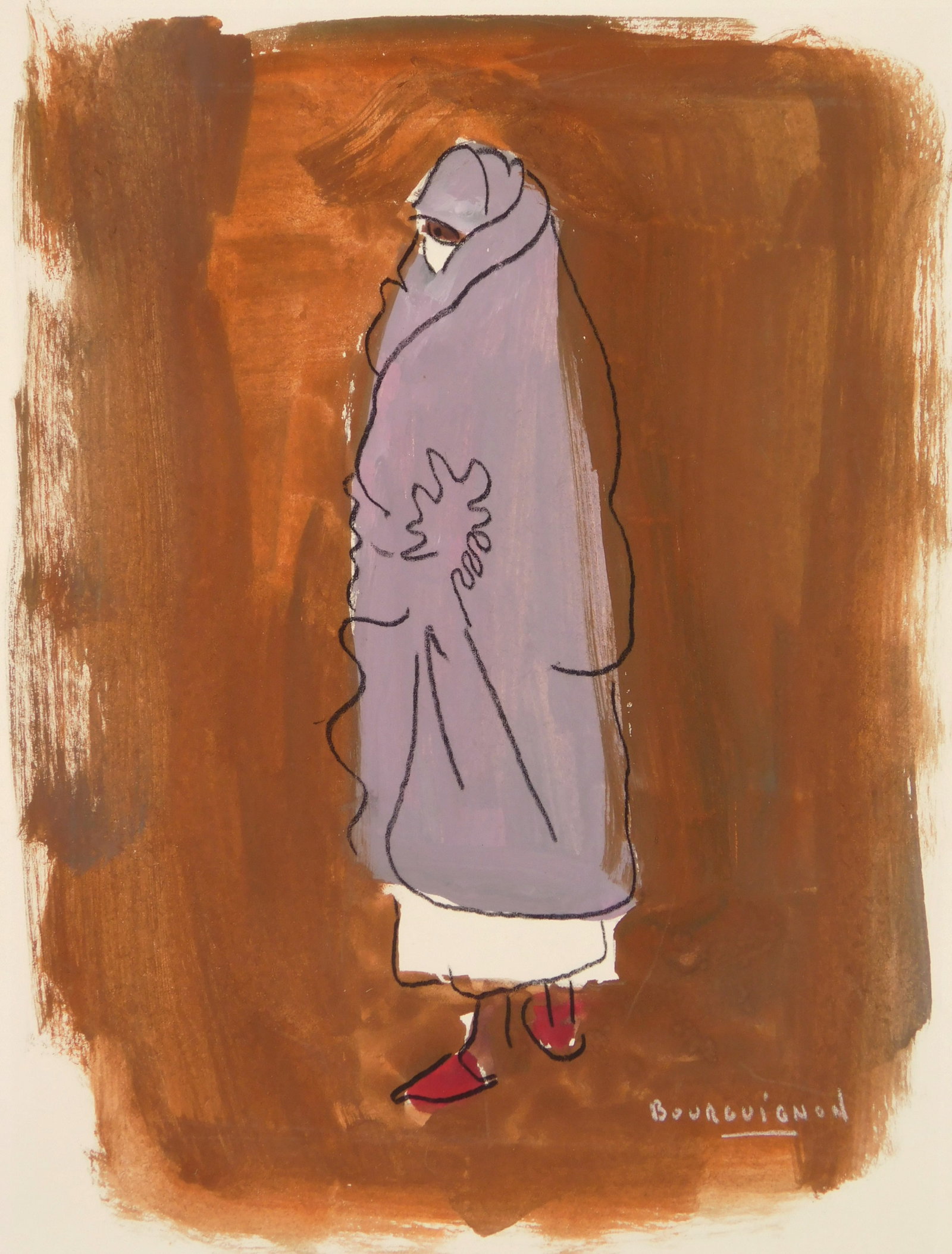 Paul Henri Bourguignon (American, 1906-1988) pastel: Standing Woman in Purple Coat tempera on paper, signed Bourouignon lower right, matted and framed. 10 x 7 1/2" Provenance: Paul-Henri Bourguignon