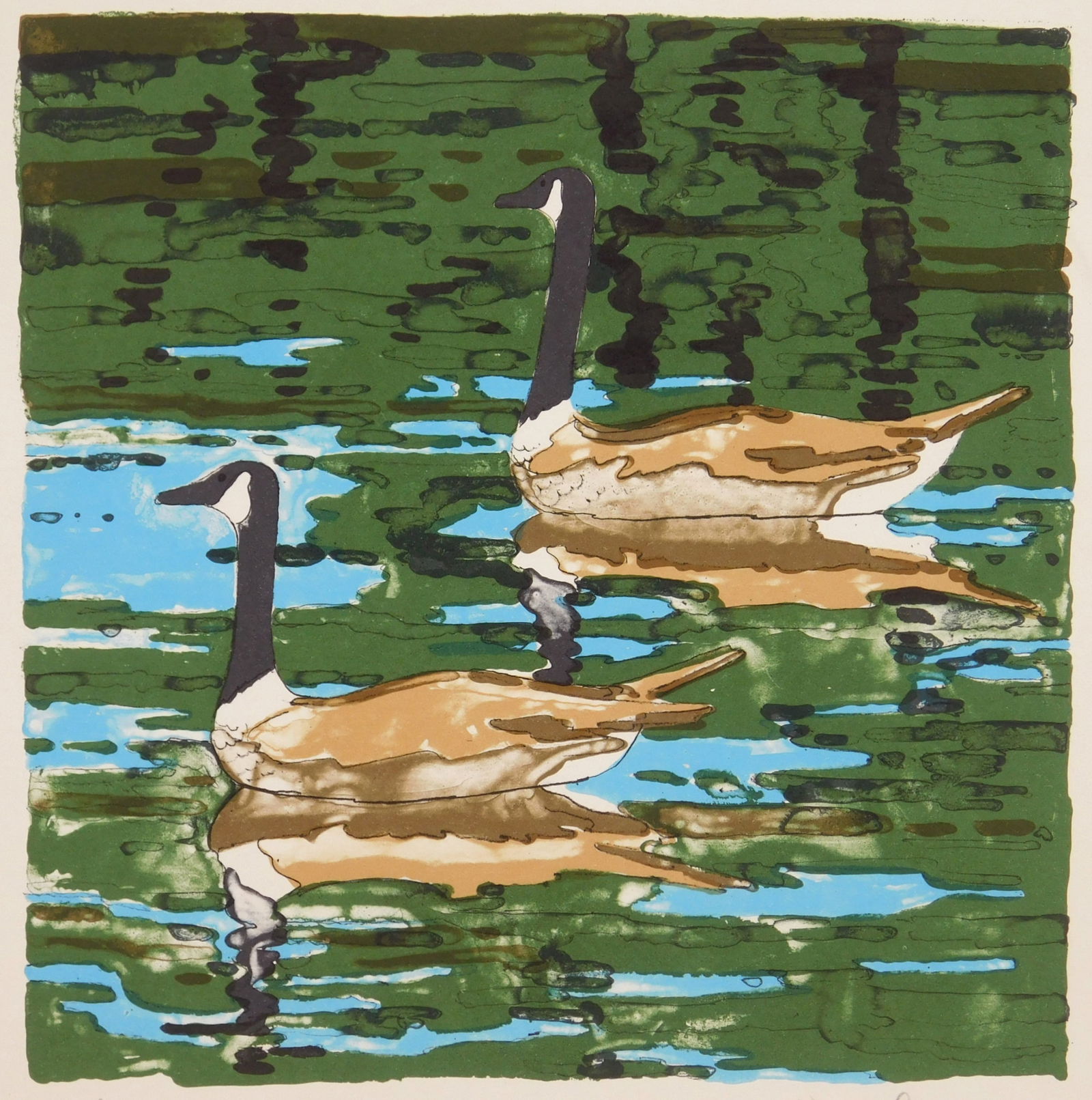 Neil Welliver (American, 1929-2005): Geese lithograph in colors, signed and numbered 13/75 in pencil. 7 5/8 x 7 1/2" Provenance: Private collection- South Hadley, MA