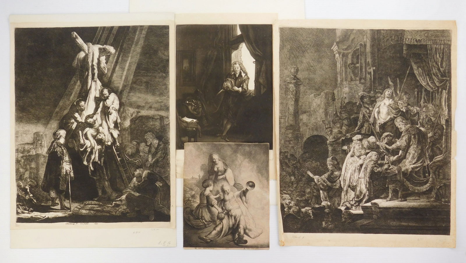 after Rembranddt (Dutch, 1606-1669) 4 etchings: The Descent from the Cross; Christ before Pilate & Lot and His Daughter 3 etchings, by Johannes van Vliet (Dutch, 1605-1668) Portrait of Jan Six etching, by Richard Houston