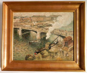 Frank Myers Boggs (American, 1855-1926) oil: Pont Boieldieu in Rouen, Damp Weather oil on canvas (relined), signed Boggs lower left, framed. 20 x 24'' This work is a copy after an oil by Camille Pissarro. Provenance: Private collection-