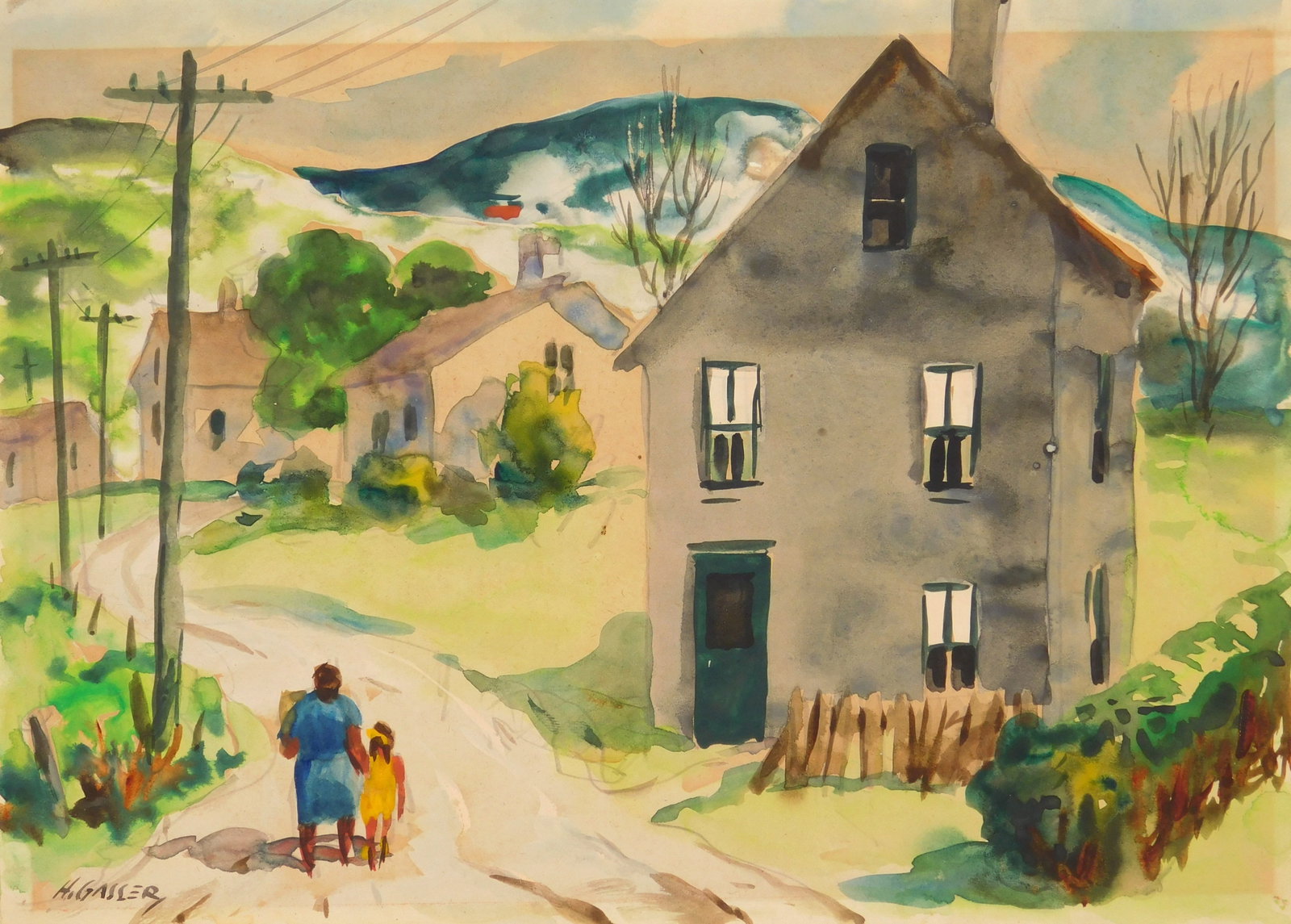 Henry Gasser (American, 1909-1981) watercolor: Figures on a Country Road watercolor on paper, singed H. Gasser lower left. 6 1/2 x 9 1/4" Provenance: Private collection- New Orleans, LA