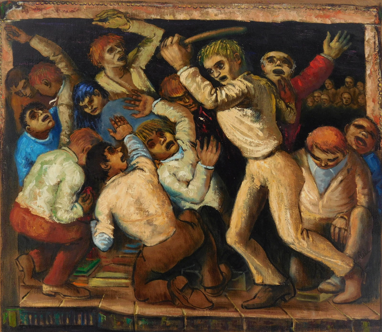 Albert Pels (American, 1910-1998) oil: Local Store Merchant Driving Away Sidewalk Peddlers oil on canvas, signed Pels and titled verso. 20 3/4 x 23 5/8" Provenance: Private collection- New York, NY; By descent estate of