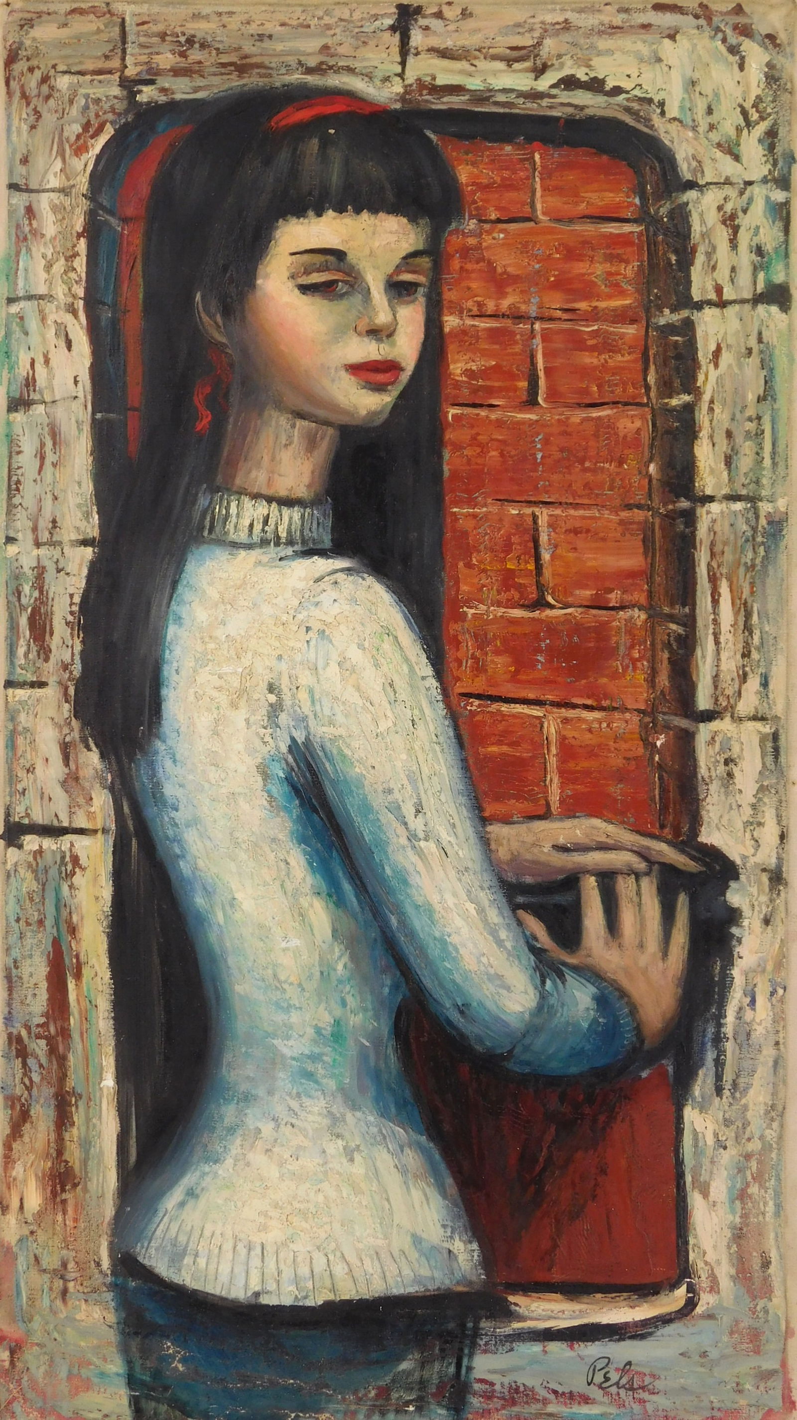 Albert Pels (American, 1910-1998) oil: Portrait of Woman with Red Headband oil on canvas, signed Pels lower right. 29 3/4 x 16" Provenance: Private collection- New York, NY; By descent estate of the artist.