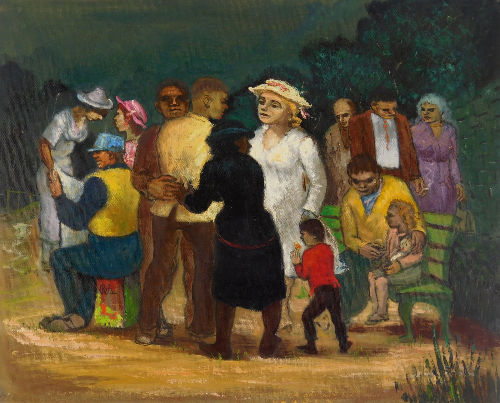 Albert Pels (American 1910-1998) oil: Debates Over Day's News oil on canvas adhered to board, signed Pels lower left, signed and titled verso. 18 x 22" Provenance: Private collection- New York, NY Estate of t