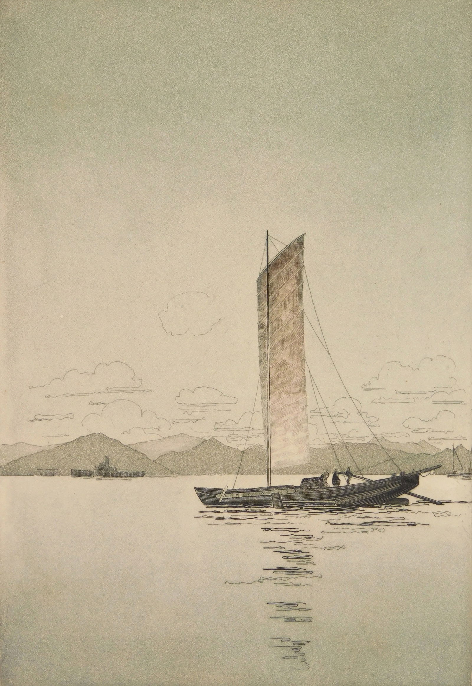John Taylor Arms (American, 1887-1953) etching in color: A Hong Kong Canal Boat etching and aquatint in color, 1919, signed, titled, dated and annotated Artist's proof in pencil, also signed by the printer, Frederick Reynolds in pencil, a