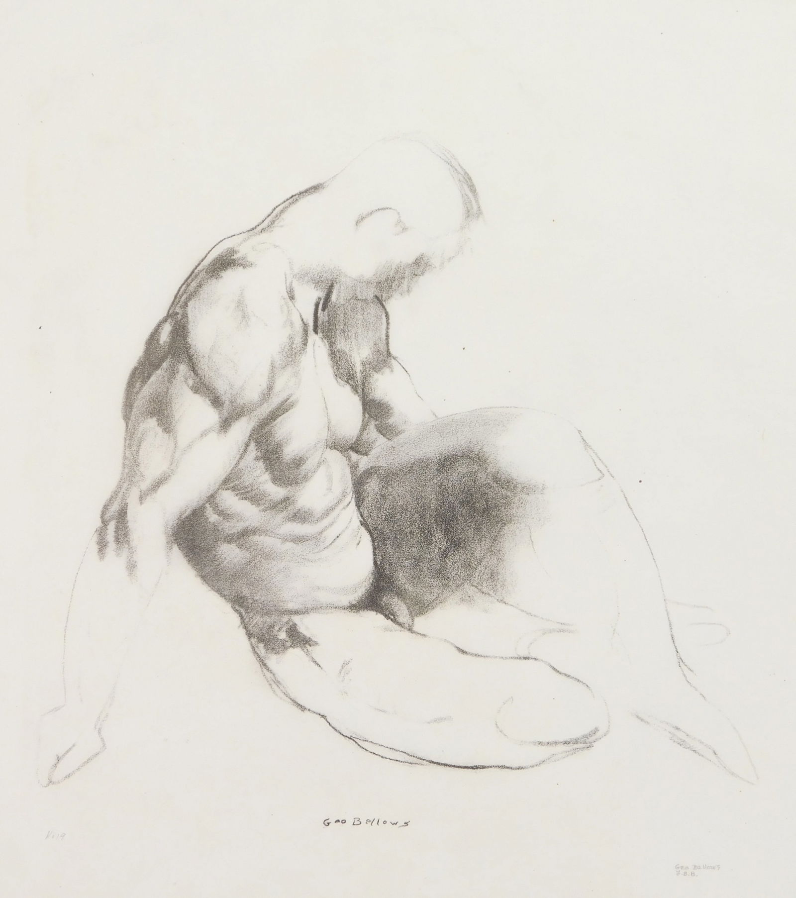 George Bellows (American, 1882-1925) lithograph: Male Torso lithograph, 1916, estate signed and initialed J. B. B.(the artist's daughter) and numbered 9 in pencil. 10 1/2 x 11 3/4" Literature: Mason 2 Provenance: Private col