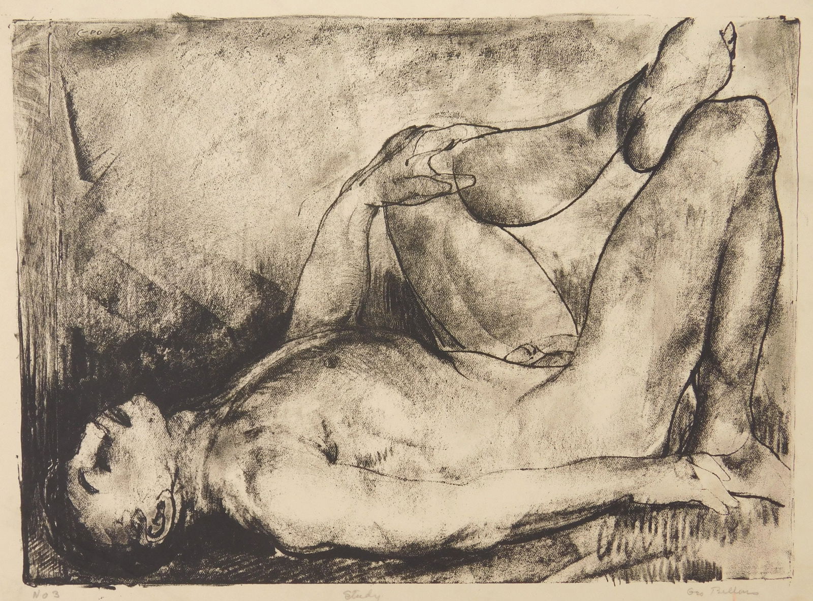 George Bellows (American, 1882-1925) lithograph: Man on His Back, Nude lithograph, 1916, signed and numbered 3 in pencil. 8 1/2 x 11 3/4" Literature: Mason 3 Provenance: Private collection- Cuyahoga Falls, OH
