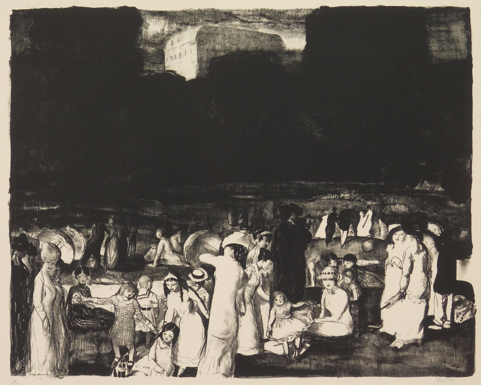 George Bellows (American, 1882-1925) lithograph: In The Park, Dark lithograph on wove paper, 1916, estate signed and initialed J. B. B.(the artist's daughter) 16 3/4 x 21 1/8" Literature: Mason 30 Provenance: Private collec