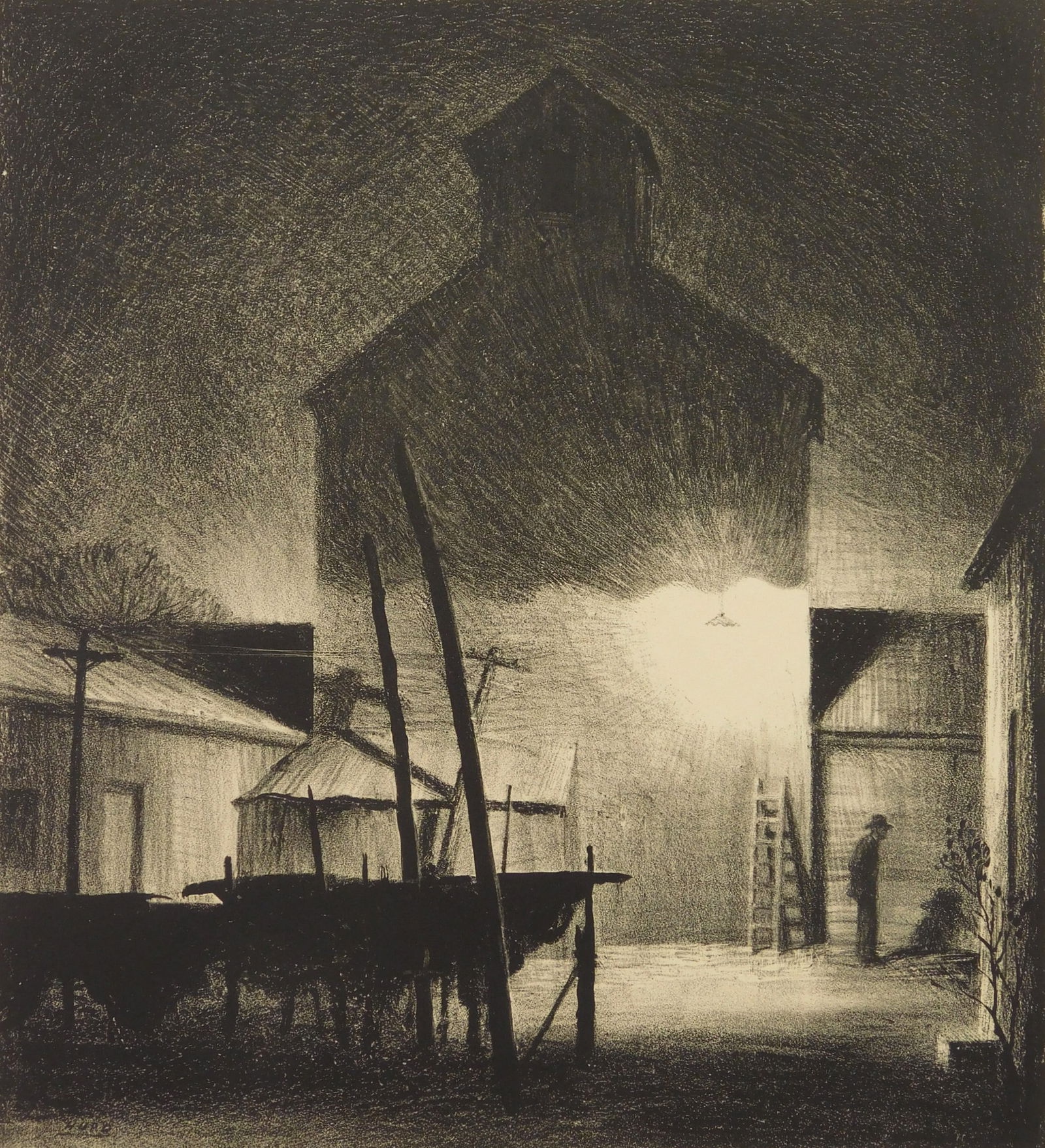 Peter Hurd (American, 1904-1984) lithograph: The Night Watchman lithograph, 1935, signed, titled and numbered 17/36 in pencil. 11 7/8 x 10 3/4" Literature: Miegs Plate X Provenance: Private collection- New Orleans, LA
