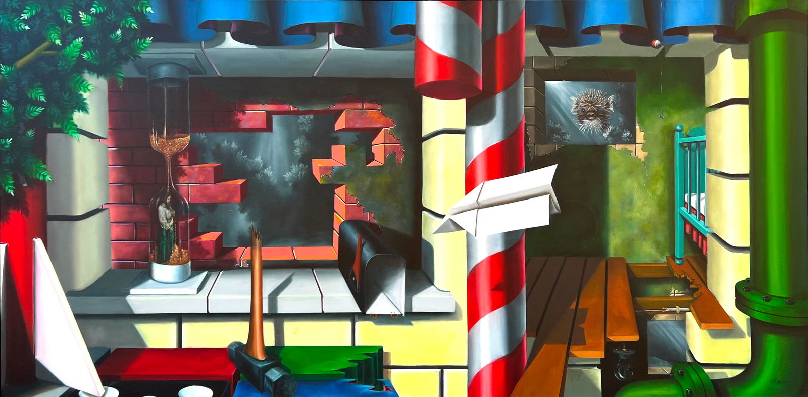 Dennis L. Anderson (American, 20th/ 21st c.) oil: A New Can of Worms oil on canvas, 1995, signed D. L. Anderson lower right, framed. 45 x 91" Provenance: Craig & Allie Wallace collection- Gates Mills, OH