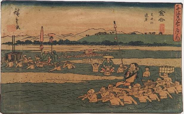 Hiroshige Ando woodblock: Hiroshige Ando- Kanaya (Station 25)- woodblock. Signed: Hiroshige fude. Series: Tokaido Gojusan Tsugi (The 53 Stations of the Tokaido). Later printing 1880. Toned and trimmed. Horizontal oban: 7 11/16