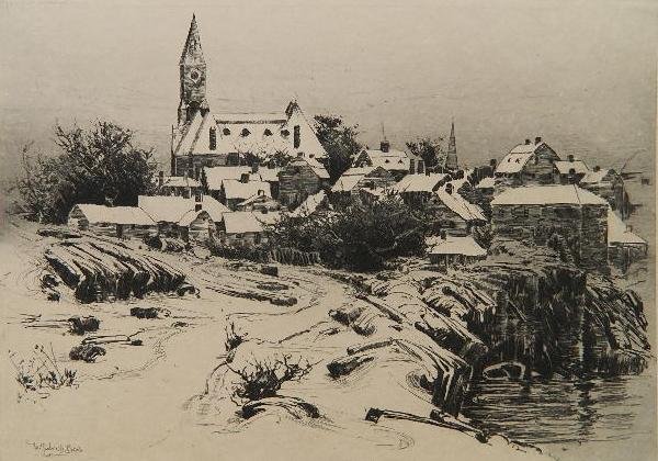 Woodbury; Hunter; Beal - 3 Prints: 3 Prints- 1.) Charles H. Woodbury- Old House- lithograph; 2.) F. Leo Hunter- Coenties Slip New York- etching, c. 1878; 3.) W. Goodrich Beal- A Winter Day At Marblehead- etching- 'Woodbury' and 'Hunter