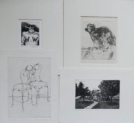 20th c. American School prints: 20th c. American School including Thom O'Connor, Gilbert Shelton, D. Keller, Mic Carlson, Ray George, Lee Ann Frame, Leonard Baskin- Landscape, Portrait, Dog, Abstract- 6 lithographs, 6 etching and 11