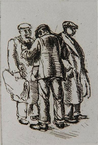 Isabel Bishop etching: Isabel Bishop- ''Three Men on 14th Street'' (Teller 4A)- etching, 1927-31, signed in pencil. 4 1/2 x 3''