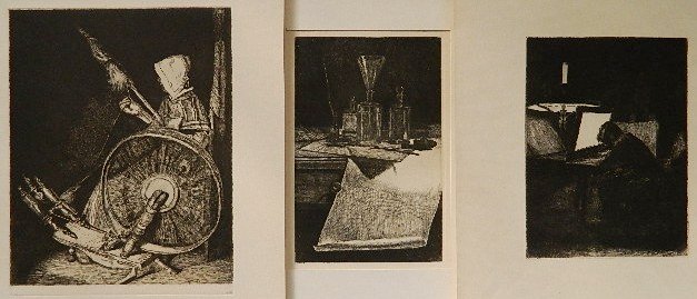 Francois Bonvin 3 etchings: Francois Bonvin- ''Spinner of Brittany''; ''Graveur, Effet de Lampe''; and ''Les Instruments de L'eauforte''- 3 etchings, all have Chalcograph de Louvre blind stamps, various sizes.
