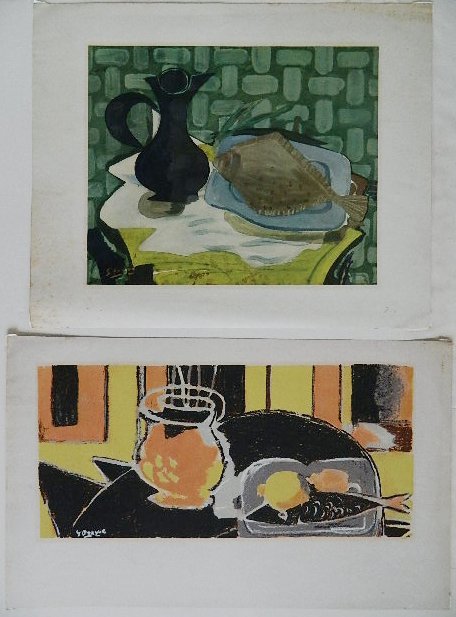 after Georges Braque 2 prints: after Georges Braque- Still-Life with Vase, Fruit and Fish; Still-Life with Pitcher and Fish- 1 silkscreen in colors, and 1 off-set lithograph, some minor foxing, slightly light struck and age toned. 