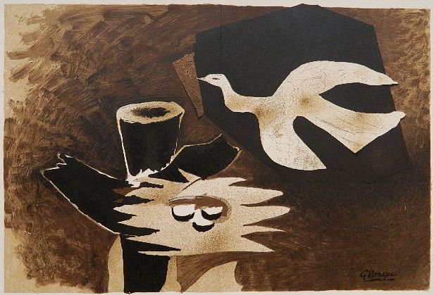 Georges Braque lithograph: Georges Braque- ''L'Oiseau et Son Nid'' (Maeght 1024)-lithograph in colors, as published in Derriere Le Miroir, taped to top mat along top edge with masking tape. 13 x 20''
