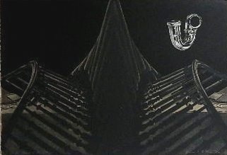 James Butler lithograph: James Butler- ''At The Head of the Stairs''- lithograph in colors, 1972, signed, dated, titled and numbered in pencil, edition of 30. 14 3/4 x 21 1/2''