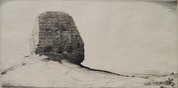 Charles William Cain drypoint: Charles William Cain- Aka-Kuf- drypoint, 1937, signed, titled and annotated in pencil. Third Mesopotamian set. Printed on cream wove paper on the full sheet with deckle edges. 4 1/8 x 8 3/8''