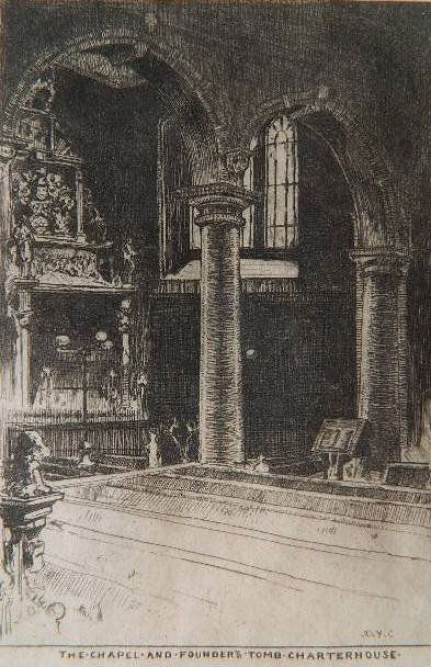 Sir David Young Cameron etching: Sir David Young Cameron- ''The Chapel and Founder's Tomb, Charterhouse'' (Rinder 240)- etching, 1895, initialed in the plate. Frontispiece for E. P. Wilmot and E. C. Streatfeld ''Charterhouse Old and