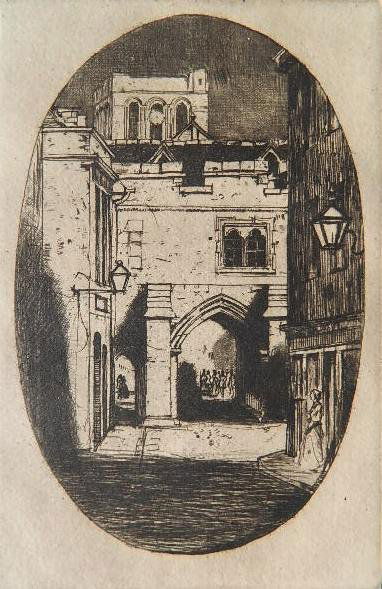 Sir David Young Cameron etching: Sir David Young Cameron- ''Kingsgate, Winchester'' (Rinder 340)- etching, 1902, signed in pencil. A good impression printed with plate tone on cream wove paper. As issued in ''The Complete Angler''.