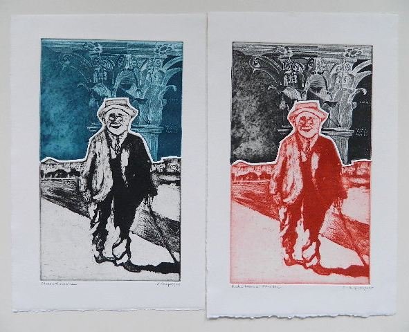 Sidney Chafetz 12 etchings: Sidney Chafetz- ''Woof! (Scientific Humility)'' (2); Two Men and A Cow; ''Patron'' (2); ''Contemplation''; ''Eudora Welty'' (2); ''Classical Stroller'' (2); ''Red Classical Stroller'' (2)- 12 etchings
