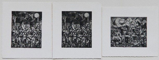 Sidney Chafetz 13 etchings: Sidney Chafetz- ''City Houses'' (2); Landscape; ''Three Politicians'' (2); ''BAA-AA''; ''Meeting'' (2); ''Great Fun For Our Little Friends'' (2); ''Faith, Hope and Charity'' (2); Dan Flavin Poem- 13 e