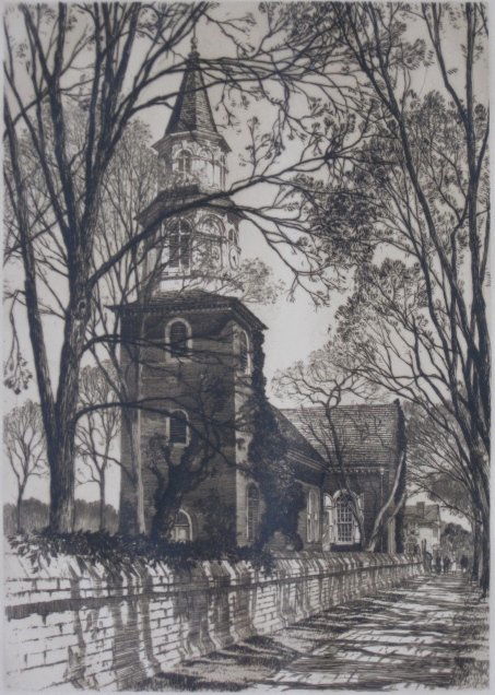 Samuel Chamberlain drypoint: Samuel Chamberlain- ''Bruton Parish Church, Williamsburg'' (Chamberlain 137)- drypoint, 1938, signed and numbered 90/100 in pencil. 10 1/2 x 7 5/8''