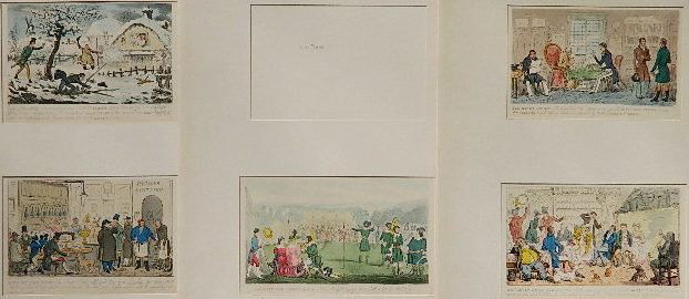 Robert Cruikshank 5 etching and aquatint: Robert Cruikshank- ''Archery, Tom, Jerry...''; ''Going Off In A Hurry''; ''Life in The East''; ''The Money Lender...''; and ''Hawtorne Hall: Jerry...''- 5 hand-colored etchings and aquatints on paper,