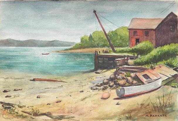 Michael Dadante watercolor: Michael Dadante- Landscape with Lake and Rowboat- watercolor on paper, signed M. Dadante lower right, very good condition. 15 x 22''