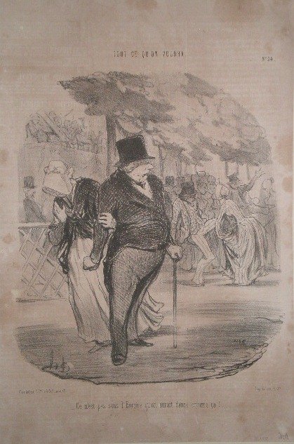 Honore Victorin Daumier lithograph: Honore Victorin Daumier- ''Ce n'est pas sous l'Empire ... comme ca!''- lithograph, as published 'Tout ce Qu On Voudra', horizontal crease throughout, stains throughout. 14 1/2 x 9 1/2''