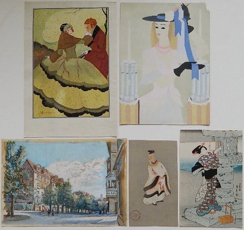 European and Japanese 5 works on paper: European School- A Couple; Woman with Hat; Landscape- 2 pochoirs and 1 watercolor on paper; together with Japanese School including Sadahide- A Woman Lighting; Elderly Man- 2 woodblocks in colors. var
