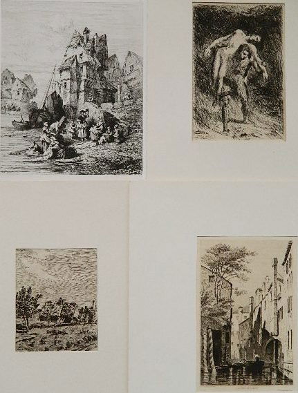 Cazin; Constantin; Falquiere, etc. - 4 etchings: Jean Charles Cazin- Les Chaumes; Auguste Constantin- Les Laveuses; Jean Alexandre Joseph Falquiere- Cain and Abel; Leon Gaucherel- Souvenir de Venise - 4 etchings, various sizes.