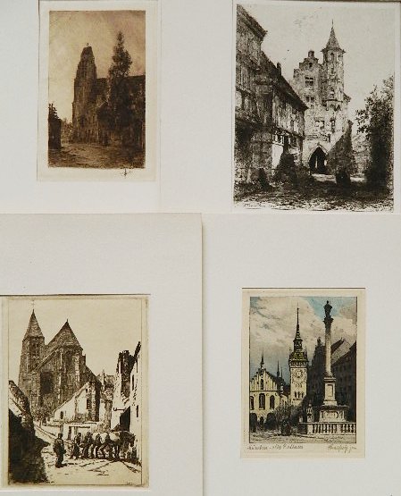 Hansfrey; Heyman; Seevagen; Van Elvon- 4 etchings: Hansfrey- Munich, Old Townhall; Charles Heyman- ''L'Abside de L'Eglise Villiers-Adam''; Lucien Seevagen- ''Effet de Soir''; Pierre Henri Theodore Tetar Van Elvon- Maison de Guttenberg a Mayence- 4 etc