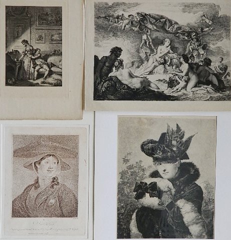 19th c. European School 4 prints: 19th c. European School 4 prints- 1.) E. Bartolozzi after W. Hogarth- ''Shrimps!''- engraving, later printing, light struck and mat burn; 2.) French School- Woman with Feathered Hat and Muff- engravin