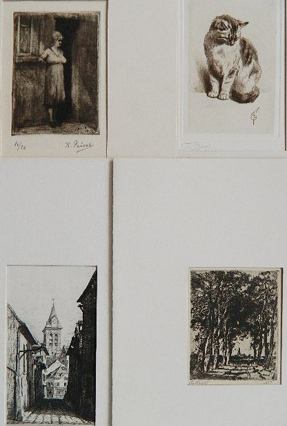 Mar; Oger; Peiser; Winett - 4 etchings: 4 Etchings- 1.) Leopold Mar- ''A Meulan''; 2.) Ferdinand Oger- Kitten; 3.) Kurt Peiser- ''Devant La Porte de L'Estaminet; and 4.) Winett- Woman on Tree Lined Road. 3 signed in pencil, various sizes.