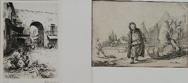 European etchings: European etchings- ''Anunciation''; Archeway; ''Mortuus est Autem et Dives: et Sepultus in Inferno Luca 16''; ''Mon Habitation Pendant la Guerre''; Man at Book Stall; Russian Sled Scene; and ''Marche 