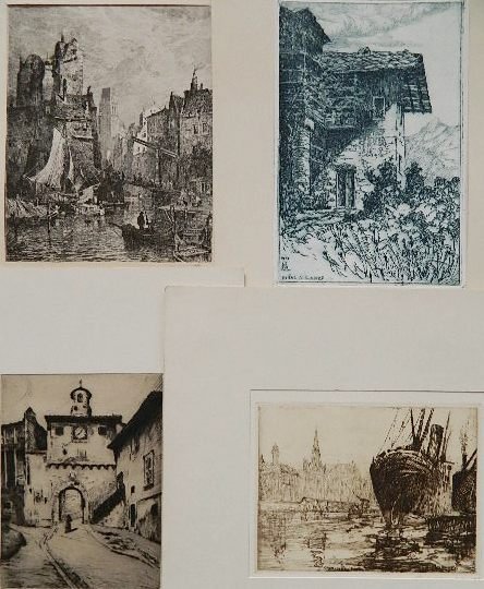 Boisselet; Boky; Grosso; Schonleber - 4 etchings: Max Boisselet- ''Caen, Le Vieux Bass''; G. Boky- ''Porte d'Horloge''; Alberto Grosso- ''Valdi Lanzo''; Gustav Schonleber- Canal in Rotterdam- 4 etchings, 3 signed in pencil, various sizes.