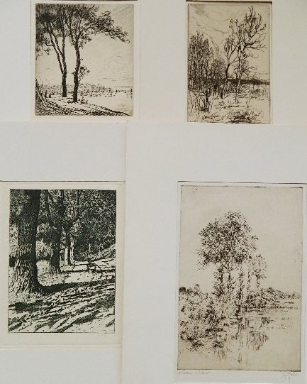 Dauchez; Feau; Von Halm; Schwartz - 4 etchings: Andre Dauchez- ''Au-Dessus du Port de Douarnenez''; Amedee Feau- Landscape; Peter Von Halm- Landscape; Schwartz- Road Through The Forest- 4 etchings, 3 signed in pencil, various sizes.