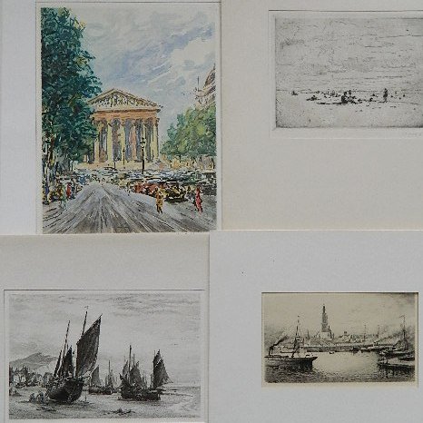 Dobie; Beren; Krieger; Poitevin - 4 etchings: 4 Etchings- 1.) James Dobie- Fishing Boats at Hastings; 2.) Jules Beren- On The Beach; 3.) Bela Gyula Krieger- ''Le Port d'Anvers''; and 4.) Pierre Jean Poitevin- ''La Madeleine''. some singed in penc