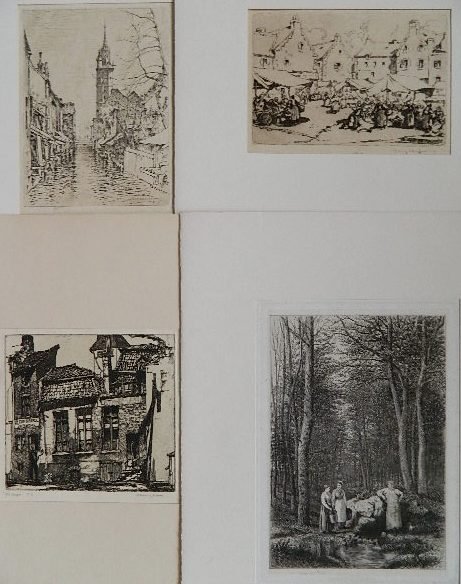 Charvot; Cheffer; Larkins; Martial - 4 etchings: 4 Etchings- Eugene Louis Charvot- ''The Belfry at Evreux''; Henri-Lucien Cheffer- Fabric Market at Douarnenez; William Martin Larkins- Old Bruges; Adolphe Theodore Jules Martial- ''Une Source en Foret