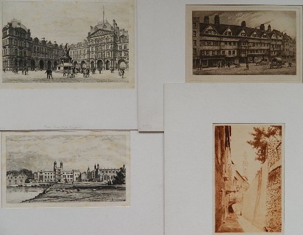 Peace; Phillimore; Lochelongue - 4 etchings: 4 Etchings- Peace- Hatfield House; Town Hall, Liverpool; A. P. Phillimore- Staple Inn, Holbron; Victor Lochelongue- ''Vielle Rue a Sienne''- various sizes.