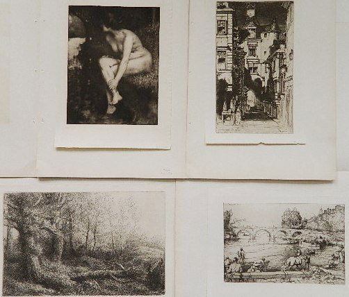 4 European Prints as published by The Studio: 4 European Prints as published by The Studio- 1.) D. Y. Cameron- ''Amboise''- etching; 2.) Alphonse Legros- ''A Woodland Study''- etching; 3.) Auguste Lepere- ''L'Abreuvoir Au Pont Marie''- etching; 4